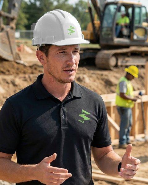 Reviewing construction plans on an active job site